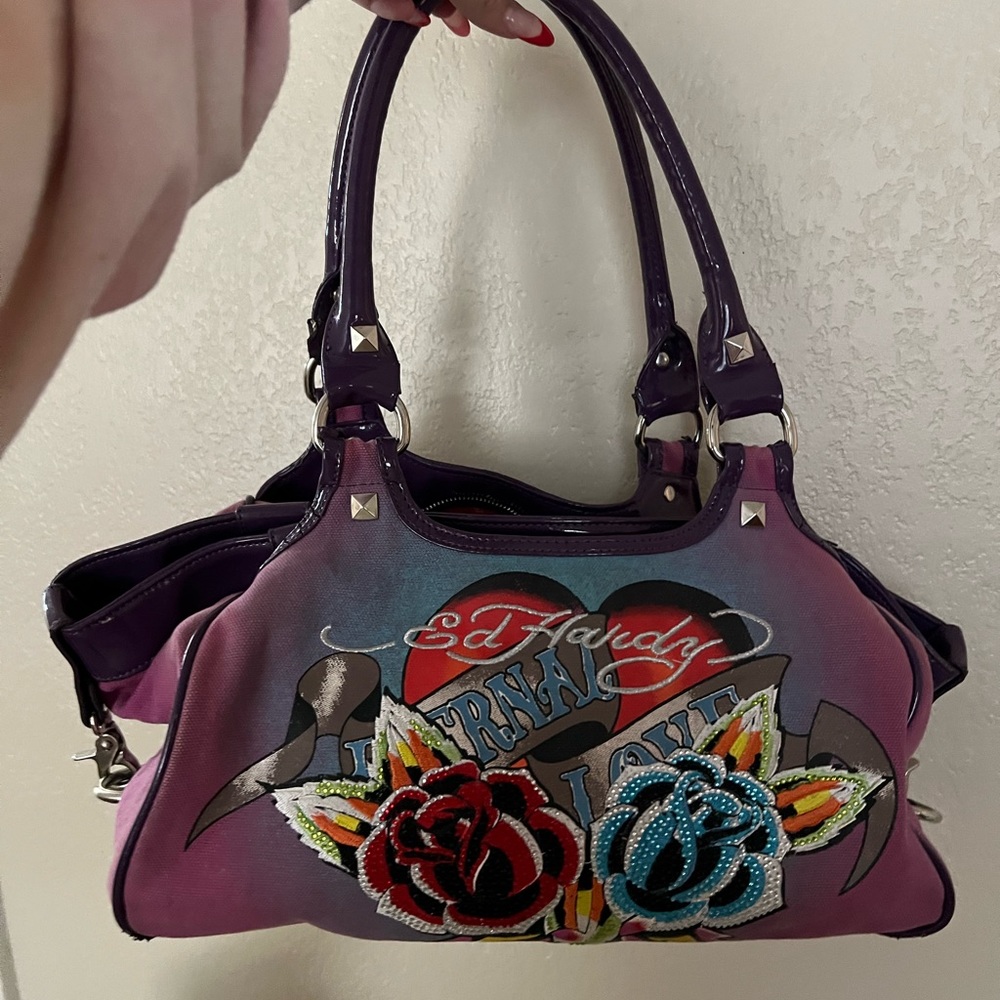 Purple Ed Hardy 3 section large purse